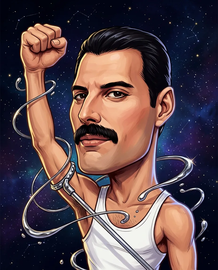 Caricature of Freddie Mercury, fist raised, wreathed in ribbons of liquid mercury against a starfield