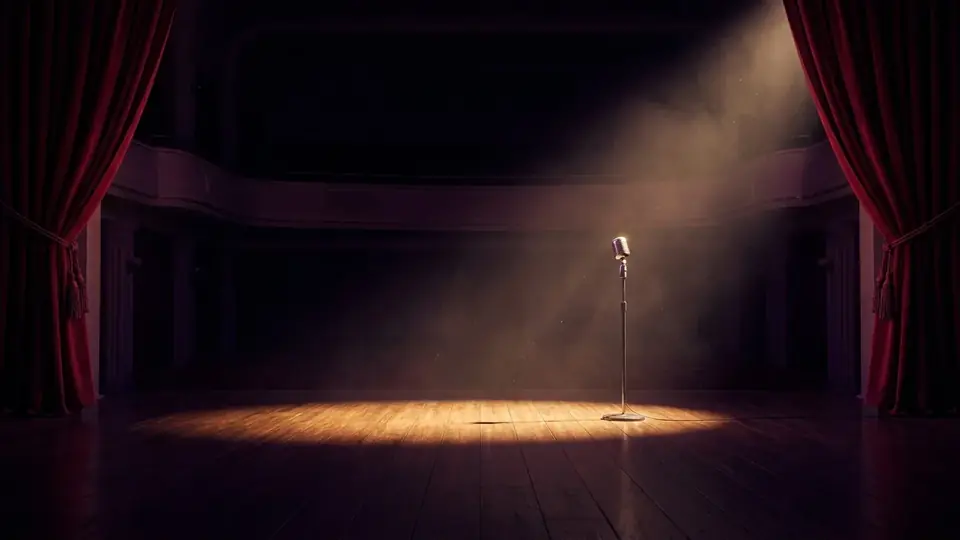 An empty theater stage with red curtains and a warm spotlight on a vintage microphone.