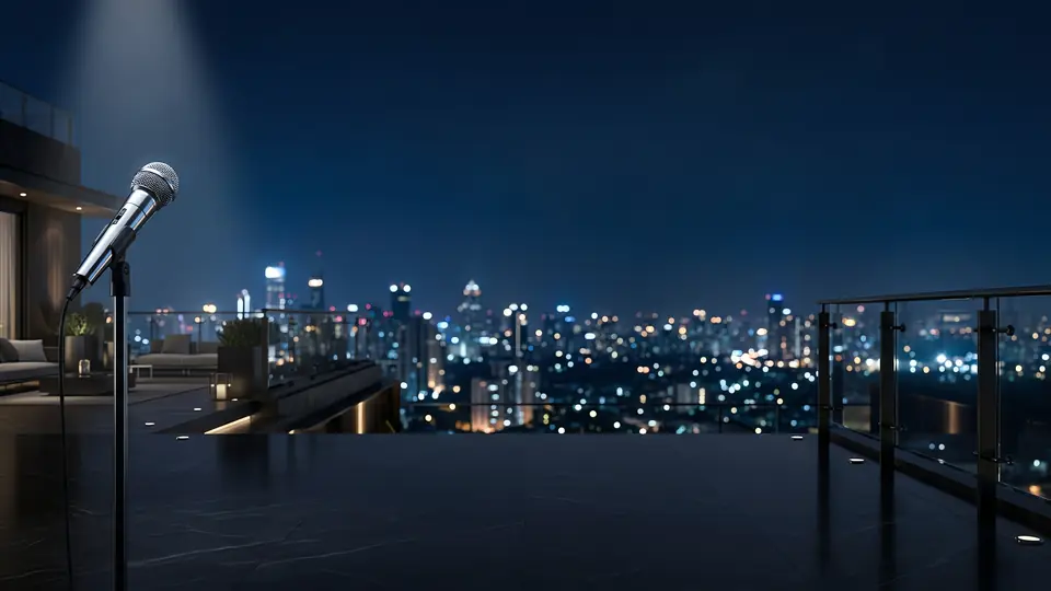 An open-air terrace at night with a black marble floor, a glass rail and a city skyline under a navy sky.