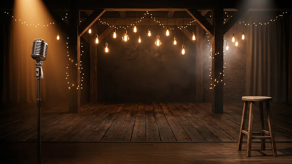 A timber barn stage with Edison bulbs, fairy lights and a wooden stool.