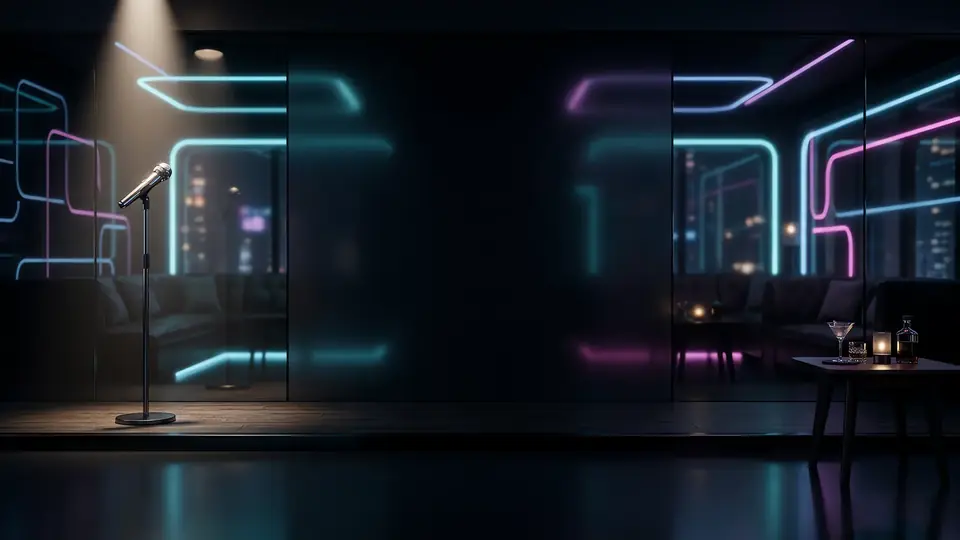 A dark lounge with cyan and magenta neon on frosted glass, city lights beyond, a spotlit microphone and a martini table.