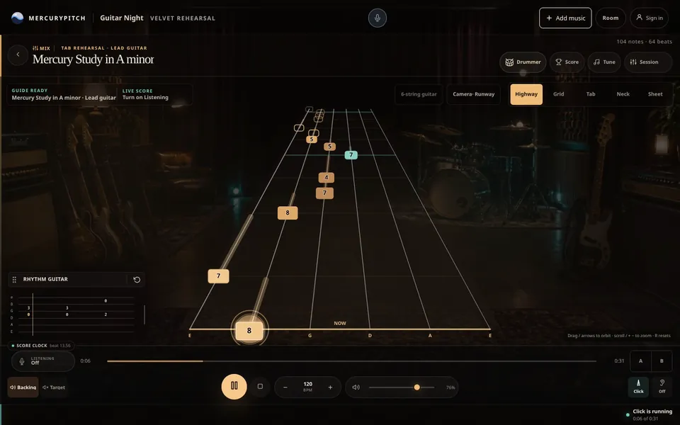 Guitar Night: fret numbers ride a 3D fretboard highway toward the hit line in the Velvet Rehearsal room.