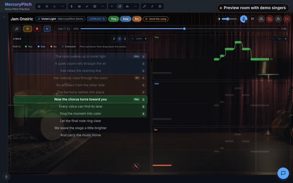 A Jam preview room singing Violet Light: the lyrics split between Ada, Bo and you, with your line lit and your pitch lane following it in green.