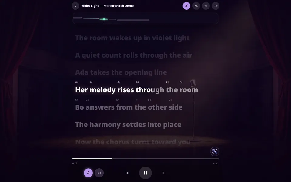Karaoke Night in Zen view: the line "Her melody rises through the room" lights up word by word, with the note to sing above each word.