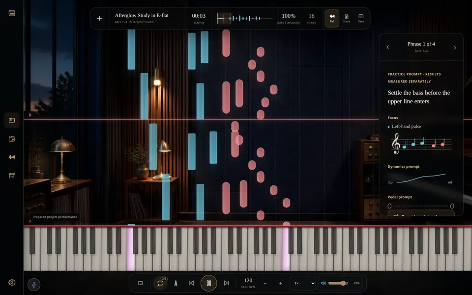 Piano Night: colored notes fall onto a lit keyboard in a lamplit study while the phrase coach shows the first phrase.