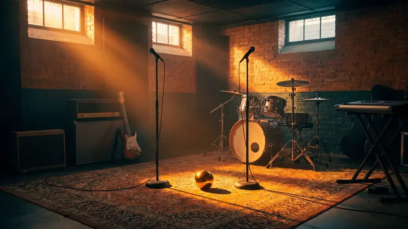 A brick room with amber light beams from high windows, a drum kit and two mic stands.
