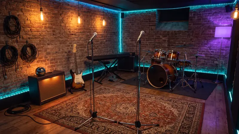 A brick rehearsal room with teal LED strips, warm bulbs, a drum kit and two mic stands.