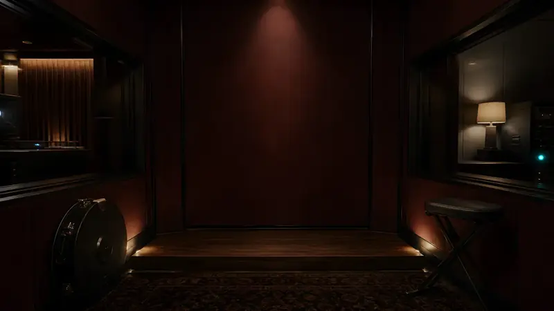 A drum booth lit low after hours.