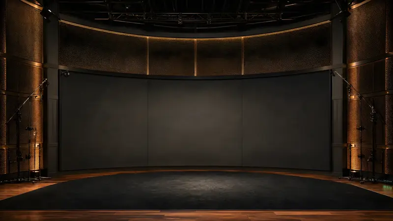 A drum kit on a bronze-lit soundstage.
