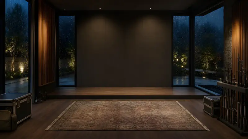 A drum kit in a glass-walled studio in the rain.