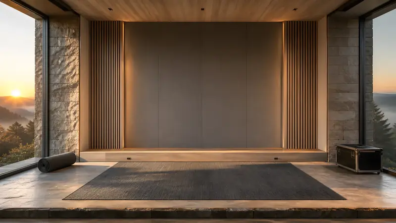 A drum kit in an open pavilion at sunrise.
