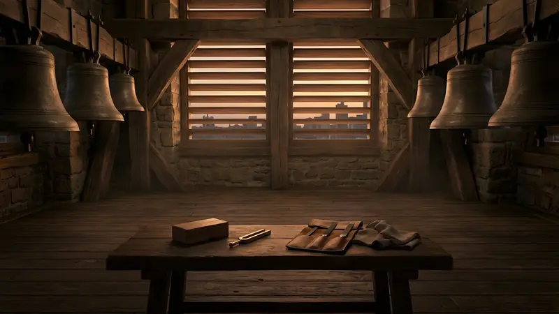 Bronze bells at dusk, with light through timber louvers.