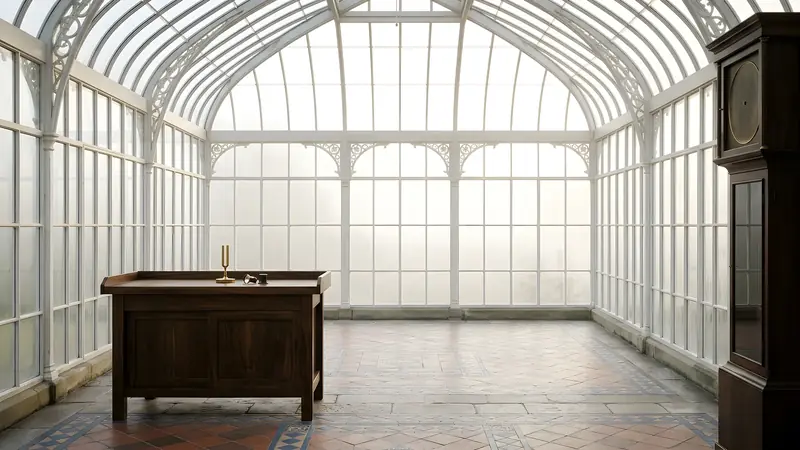 A workbench in a Victorian glasshouse in the morning.