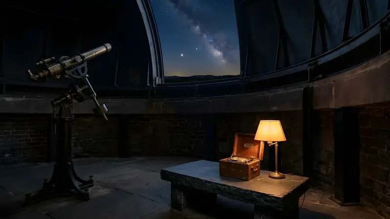 A dome slit open to a cobalt sky, with Mercury low on the horizon.