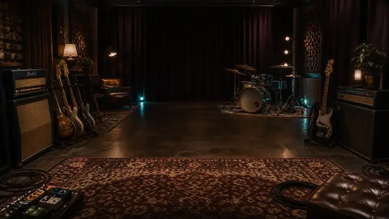 Amber lamps and a curtained rehearsal space.