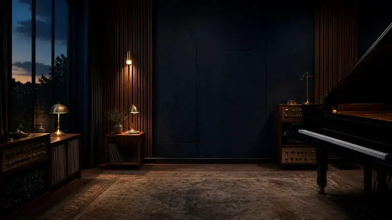 A concert grand in a studio at blue hour.
