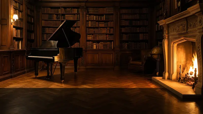 A book-lined manor library around a grand piano.