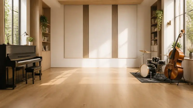 Warm daylight in a conservatory piano room.