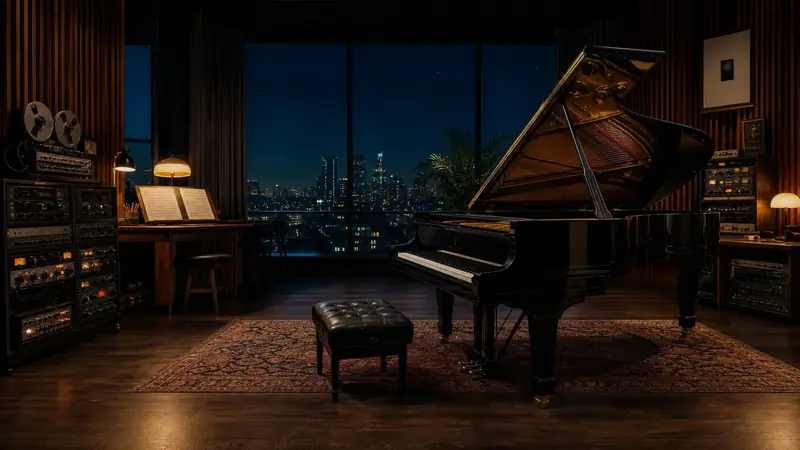 A piano room at night.