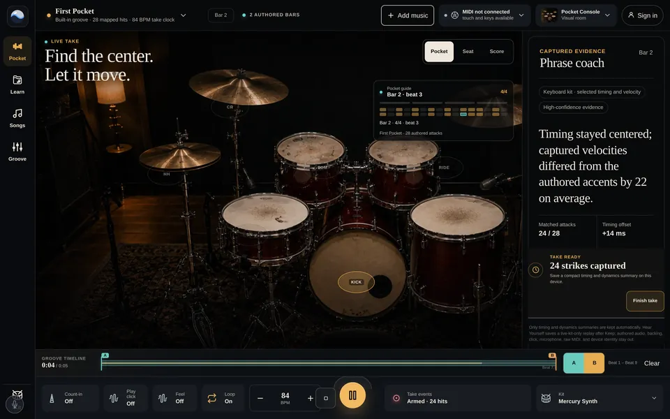 Drum Night: hit zones over a photographed kit, a groove timeline, and the phrase coach reporting 24 strikes captured and timing 14 ms late.