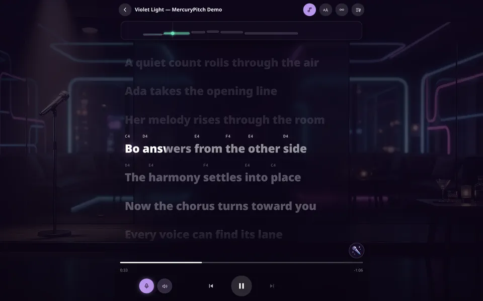 Karaoke Night in Zen view over Tokyo Cyber, a neon-lit room three floors up: a lyric line lit word by word, with the note to sing above each word.