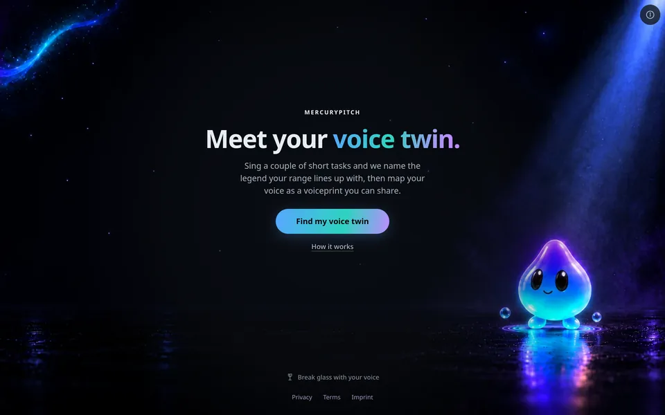 The Voice Mirror start screen: "Meet your voice twin." above a Find my voice twin button, with Merc, the MercuryPitch mascot, under a starry sky.